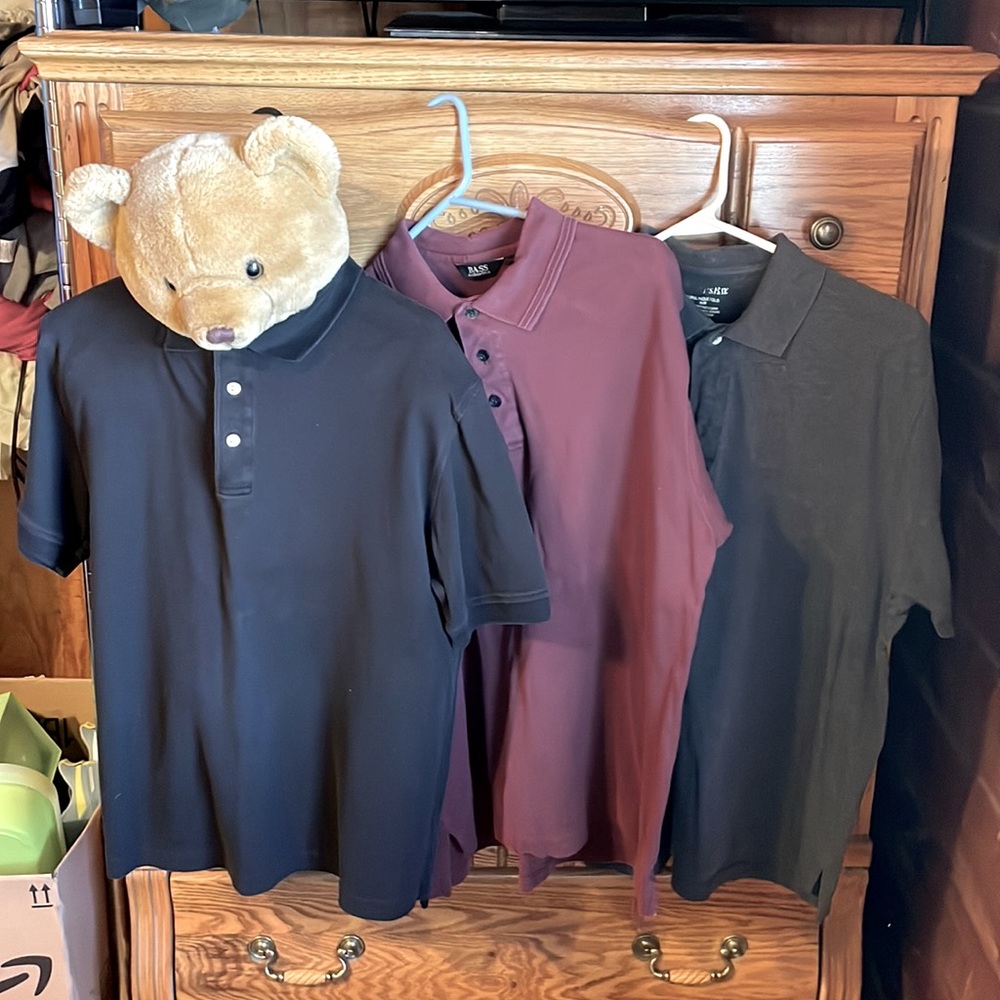 Lot of polo shirts, M, black, burgundy, dark gray, used for school uniforms.